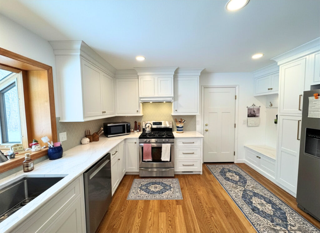 Bright white kitchen remodel in Harvard IL with inset cabinets