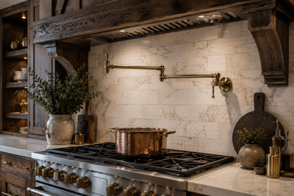 High-end rustic farmhouse kitchen featuring a brass pot filler above a professional gas range, marble tile backsplash, dark wood cabinetry, and copper cookware.