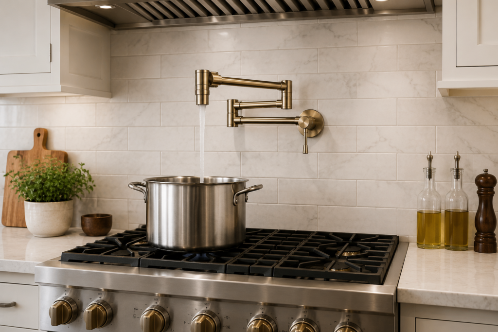 Brass pot filler faucet mounted above a gas range in a luxury white kitchen with marble tile backsplash.