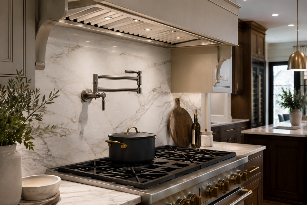 Luxury kitchen remodel featuring a wall-mounted pot filler above a professional gas range with marble backsplash and custom cabinetry.