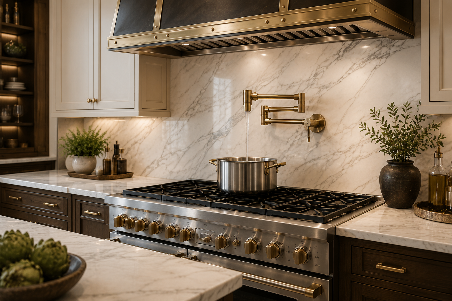 Luxury kitchen featuring a brass pot filler above a professional gas range with a marble slab backsplash and custom cabinetry.