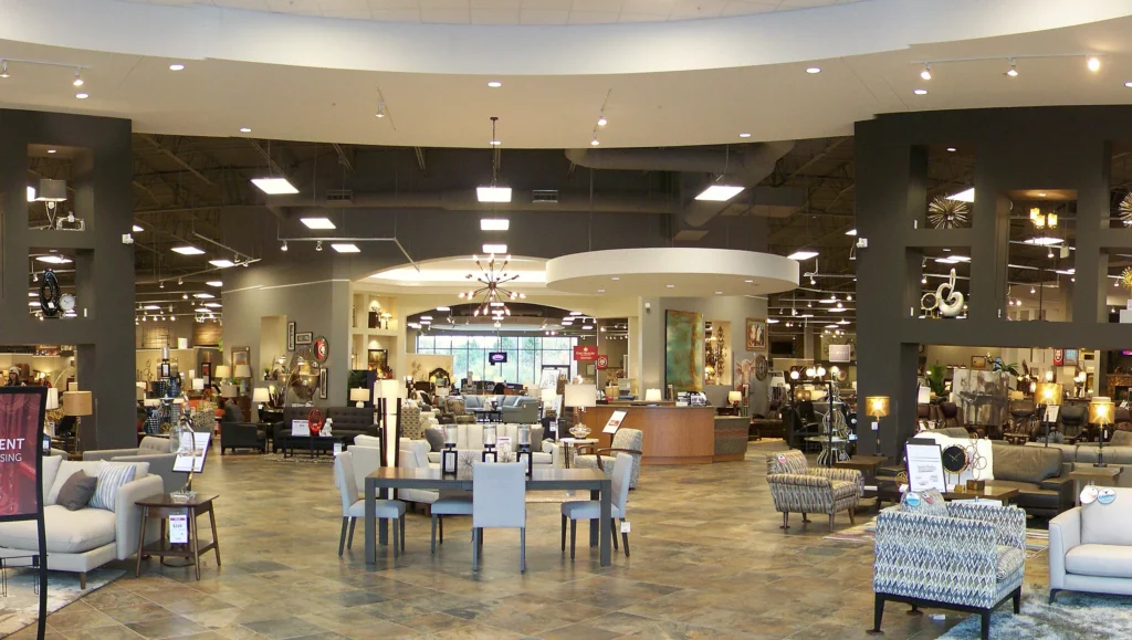 Steinhafels furniture showroom featuring living room, dining room, and home décor displays.