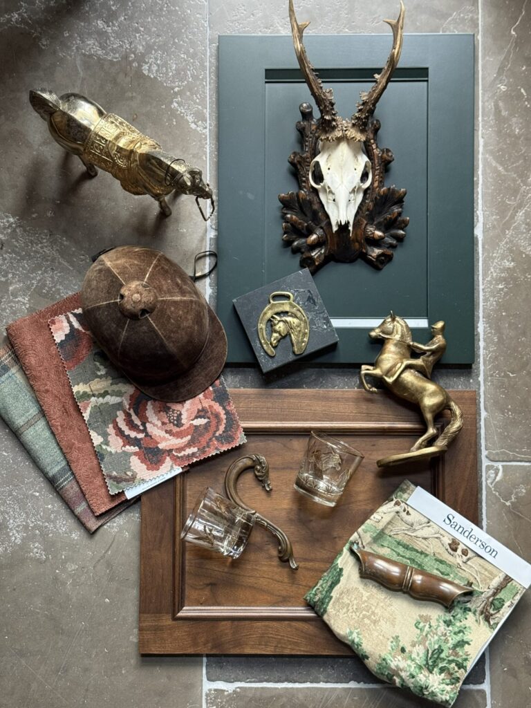 Warm wood kitchen design mood board featuring walnut cabinetry finishes, traditional hardware, luxury fabrics, and timeless kitchen remodeling inspiration.